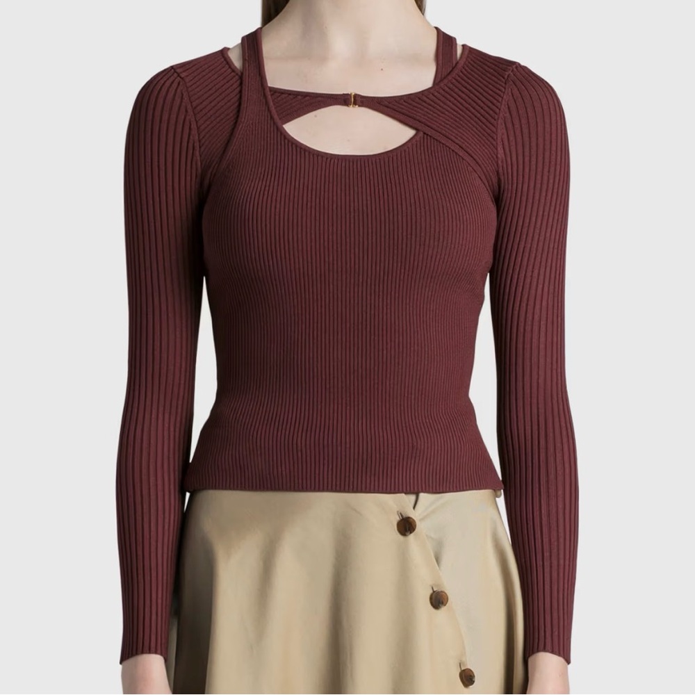 Jonathan Simkhai Seraphina Burgundy Ribbed Cutout Long-Sleeve Top